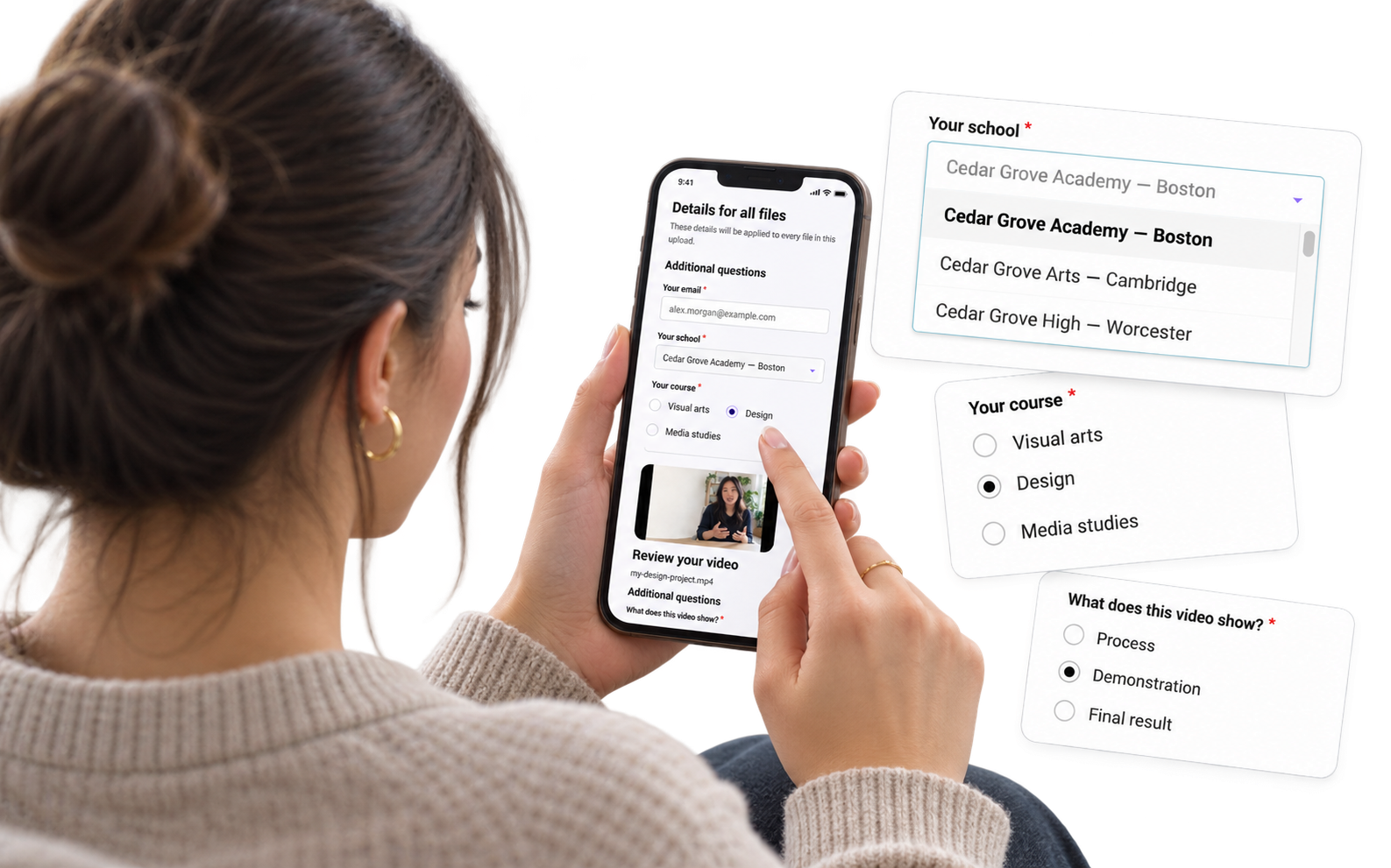 Over-the-shoulder view of a contributor uploading a video from her phone, with enlarged school lookup, course and per-video questions. AI-generated illustrative scene.