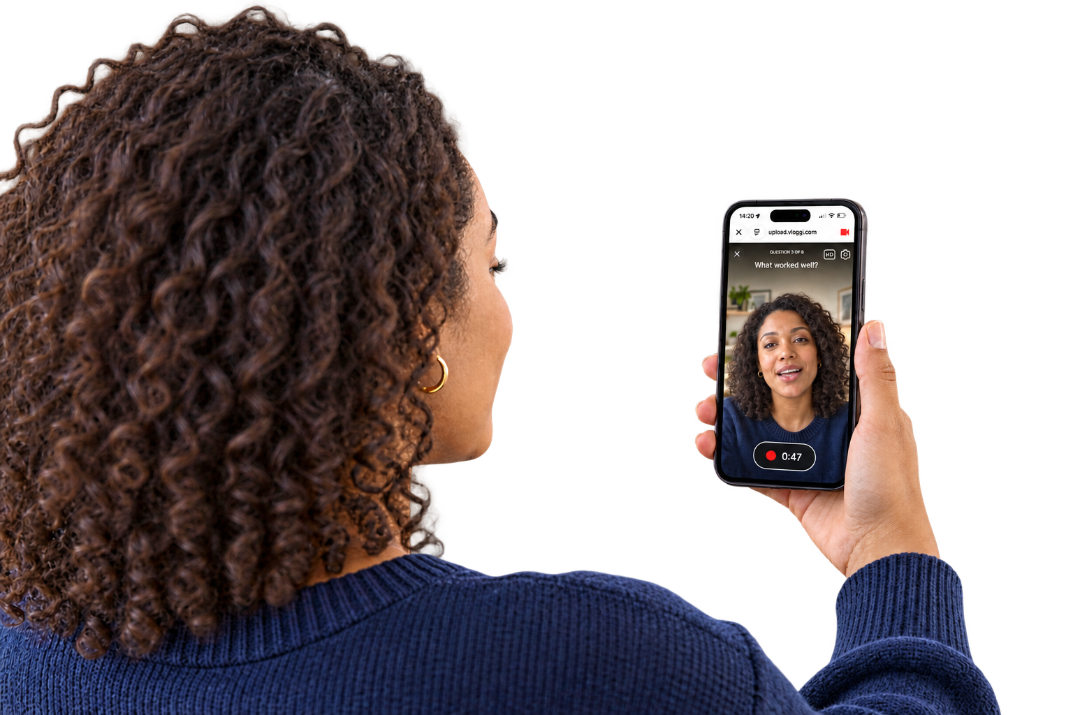 Customer recording a prompted video response on her phone