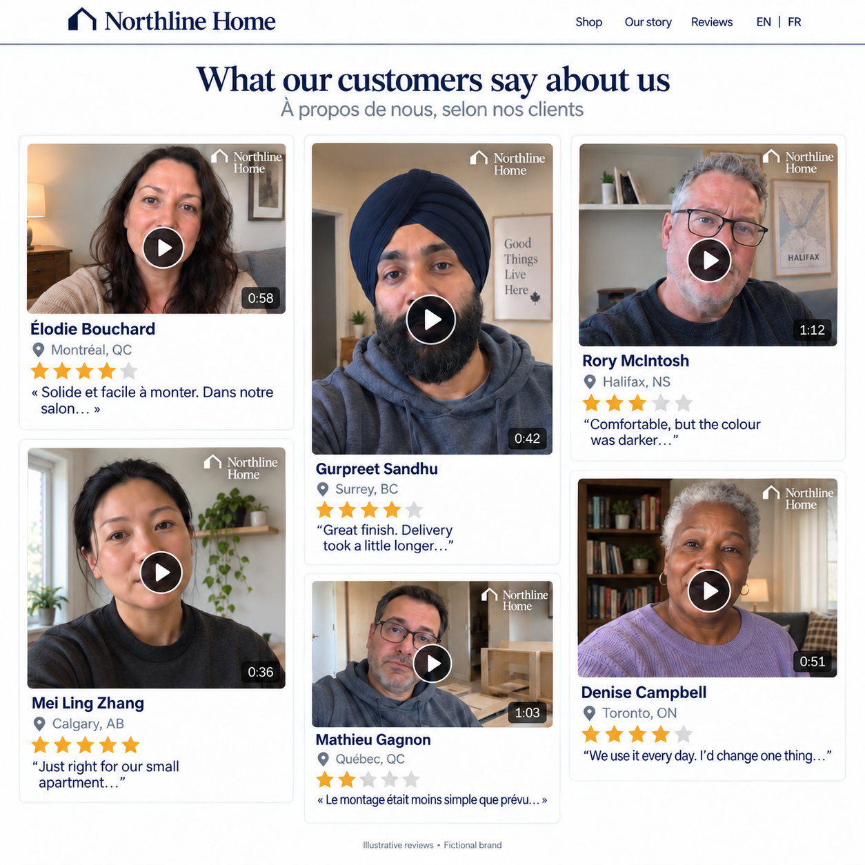 Fictional Northline Home website with bilingual Canadian video reviews, varied star ratings, locations and white brand watermarks on all six videos.