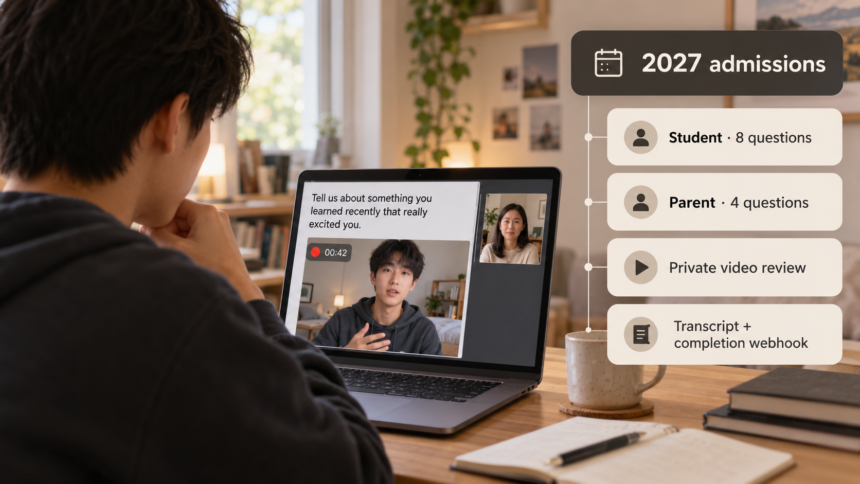 Illustrative 2027 international-school admissions workflow: separate student and parent video answers, private review, transcripts and completion webhook