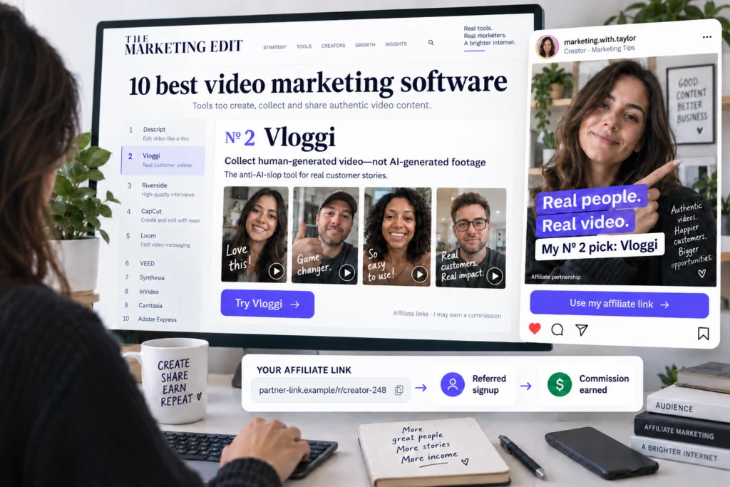 Digital marketer promoting Vloggi in a software review article and Instagram post, with an illustrative affiliate link leading to a referred signup and commission