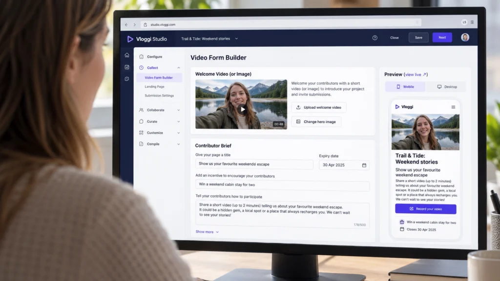 Woman editing a fictional video contest in Vloggi Studio’s Video Form Builder, with contributor brief fields and mobile preview