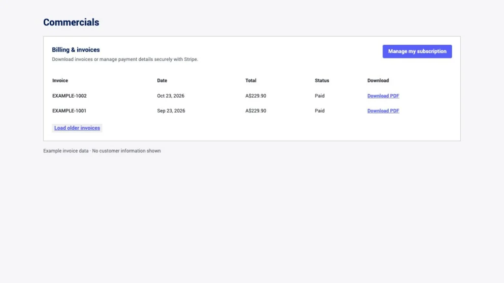 Vloggi Studio Billing & invoices section showing sample paid invoices, Download PDF links, Manage my subscription and Load older invoices