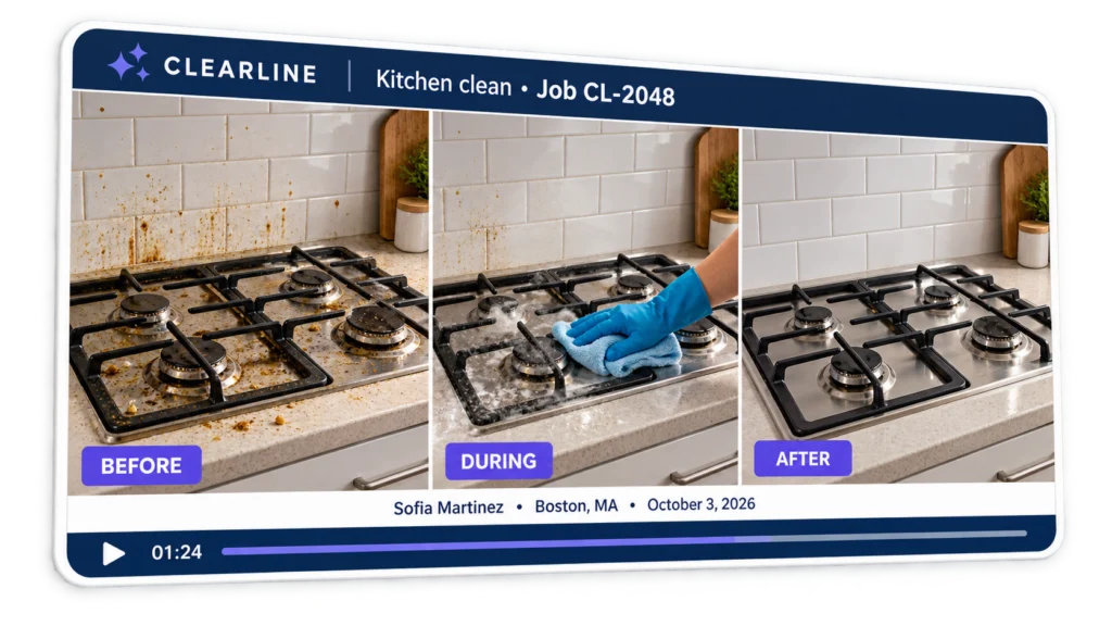 Branded kitchen report showing the condition before cleaning, work in progress and the completed result