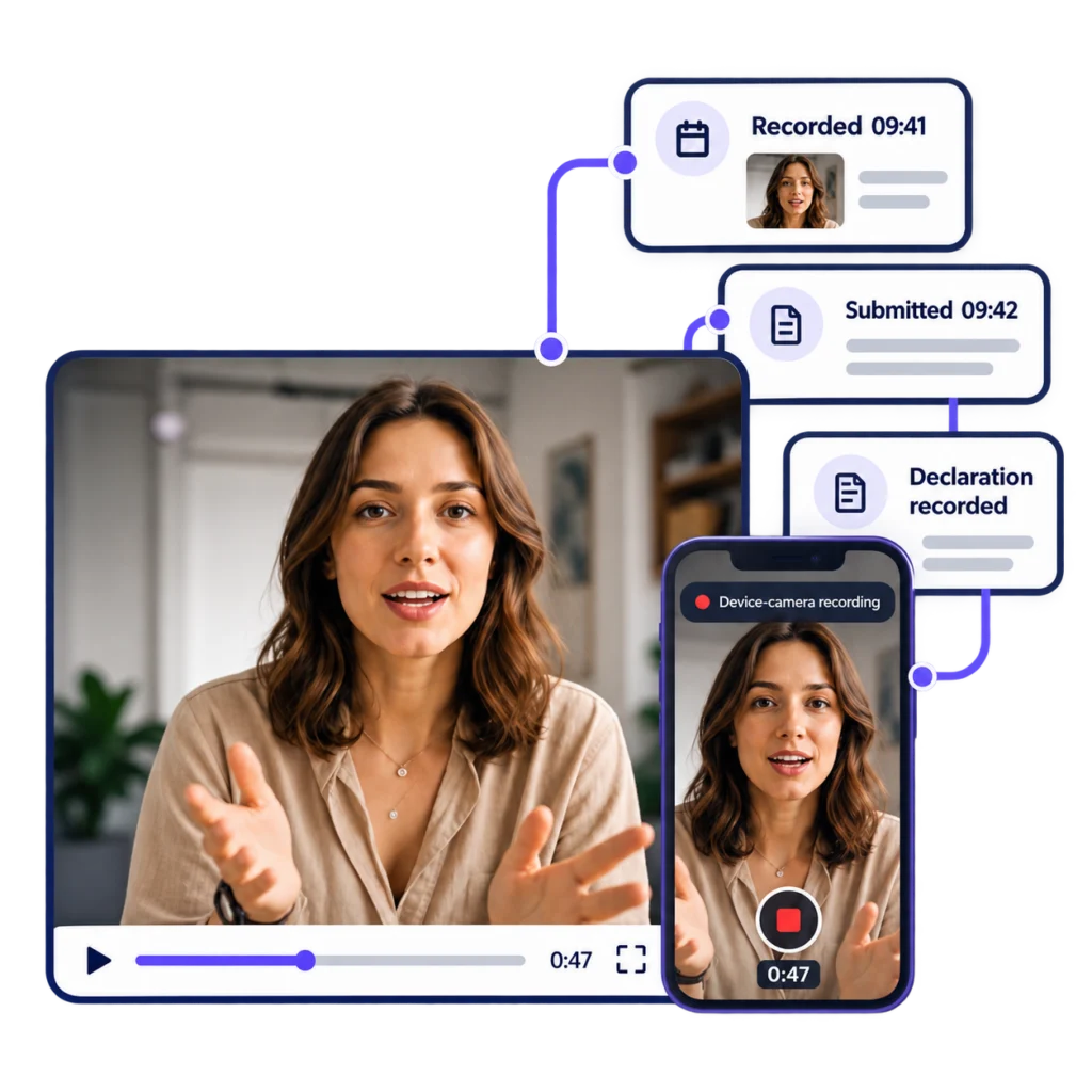 A camera-recorded clip connected to its device information, declaration and submission record