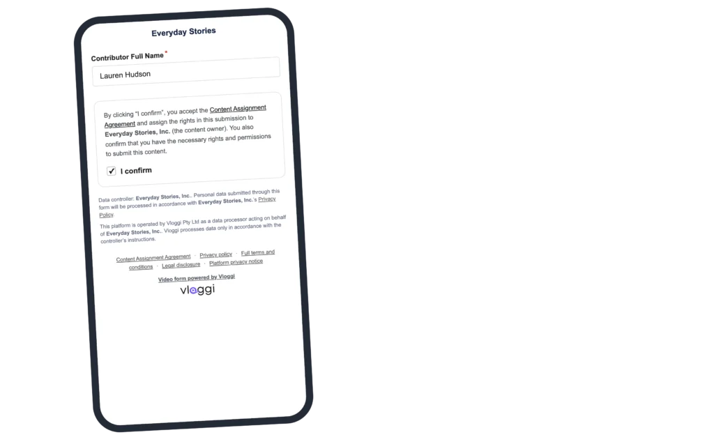 Contributor confirms assignment to Everyday Stories, Inc. in the mobile uploader.