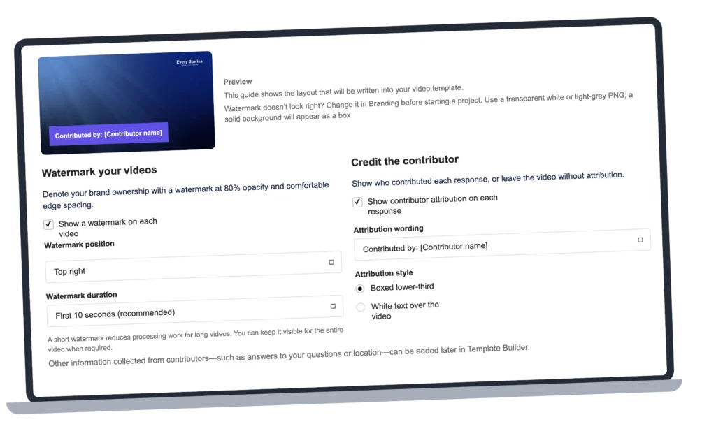 Actual new-project settings for watermark placement and contributor credit.