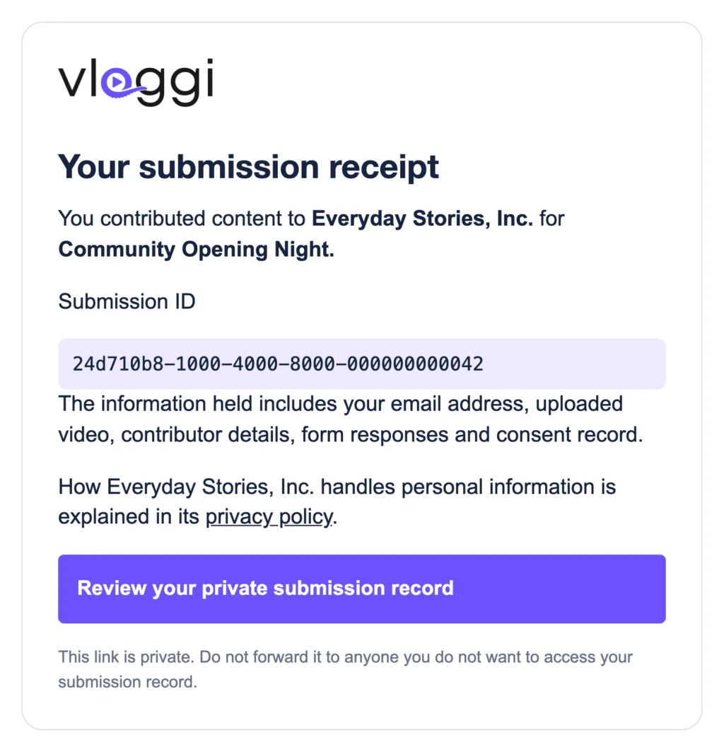Email receipt with the same submission reference and private record link.
