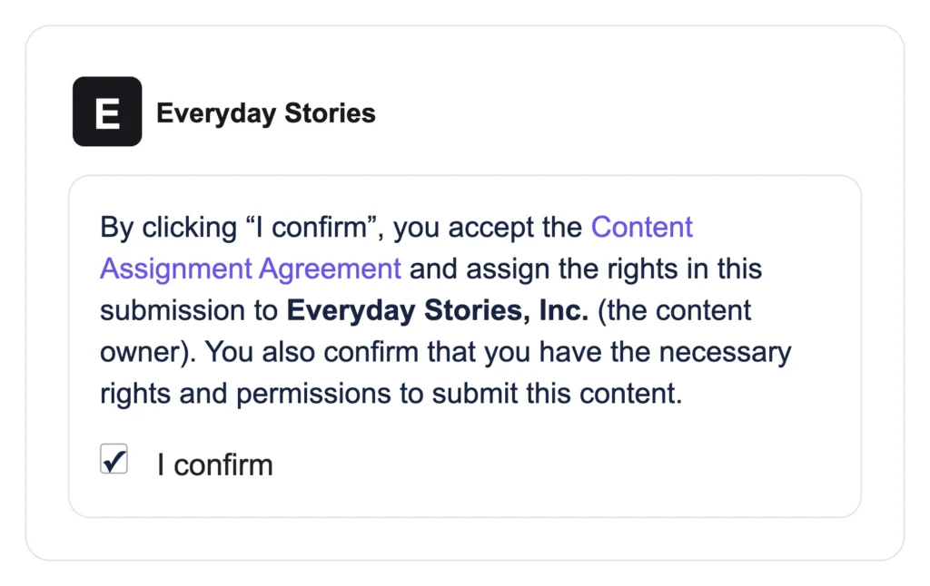 Consent assigns rights to Everyday Stories, Inc., separately from the Everyday Stories team name.