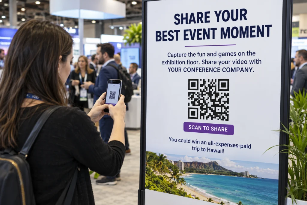 Convention delegate scanning a QR-code poster inviting event videos, with an example Hawaii trip prize.
