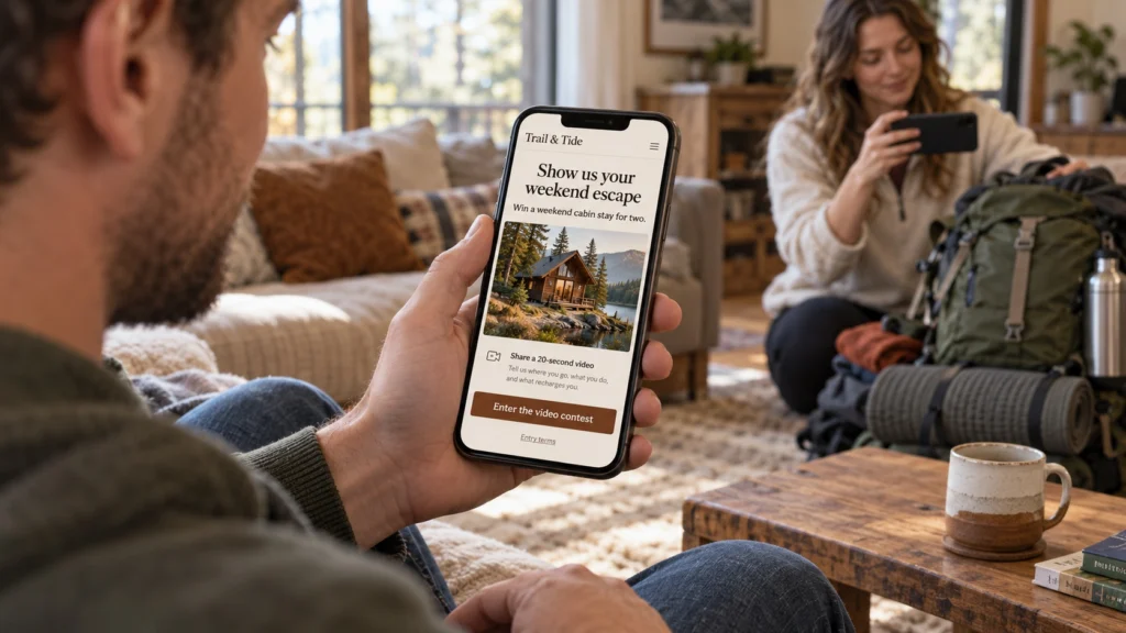 Fictional outdoor-brand video contest inviting customers to share a weekend escape for a chance to win a cabin stay
