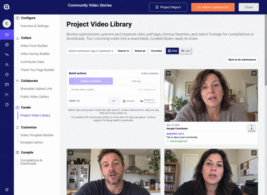 Vloggi Project Video Library with batch actions and fictional people speaking to camera