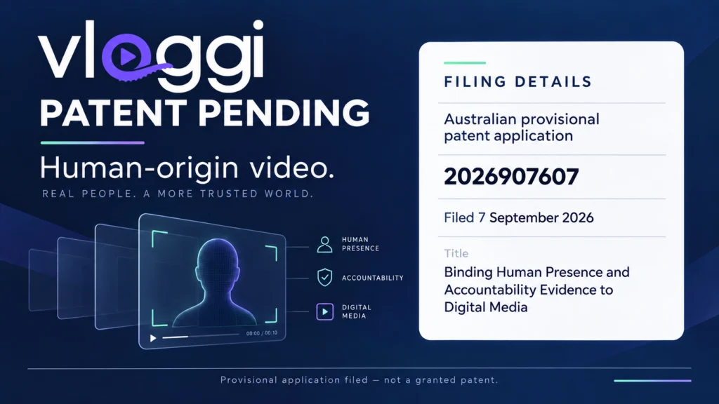 Vloggi human-origin video patent-pending announcement: Australian provisional application 2026907607, filed 7 September 2026.