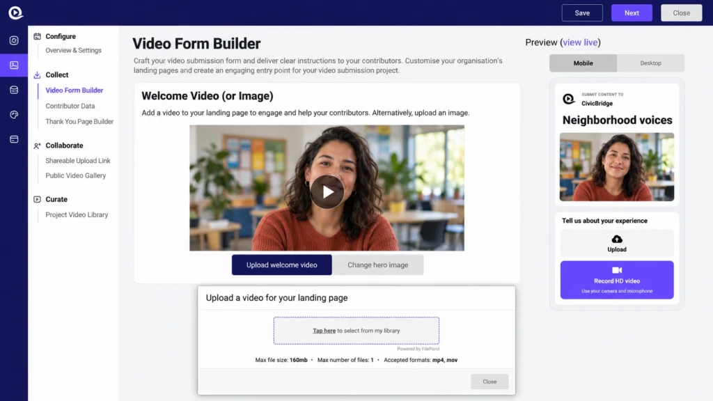 Illustrated Vloggi Video Form Builder showing a fictional welcome video, mobile preview and upload dialog