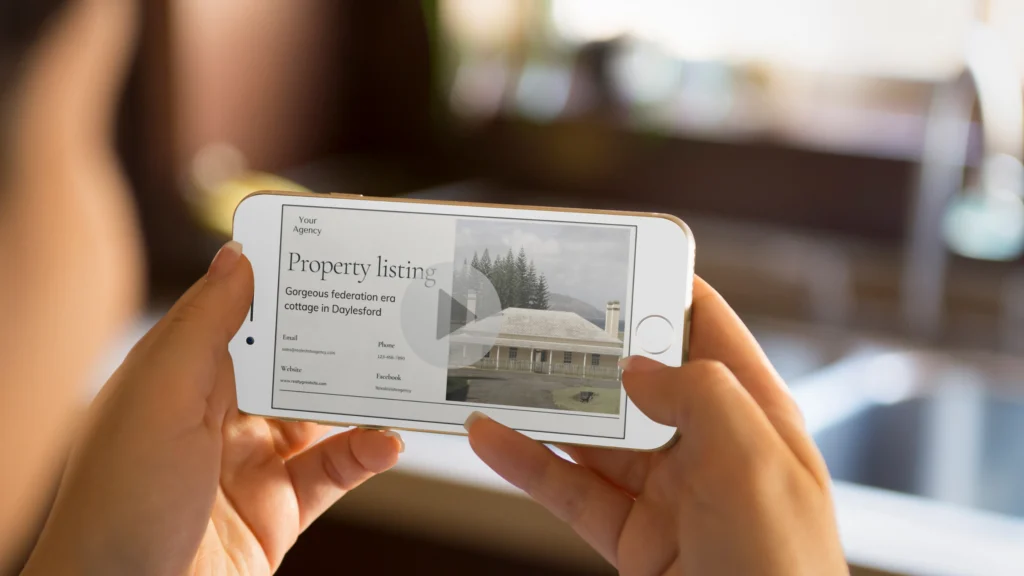 Woman watching Vloggi Property Listing video walkthrough on her phone